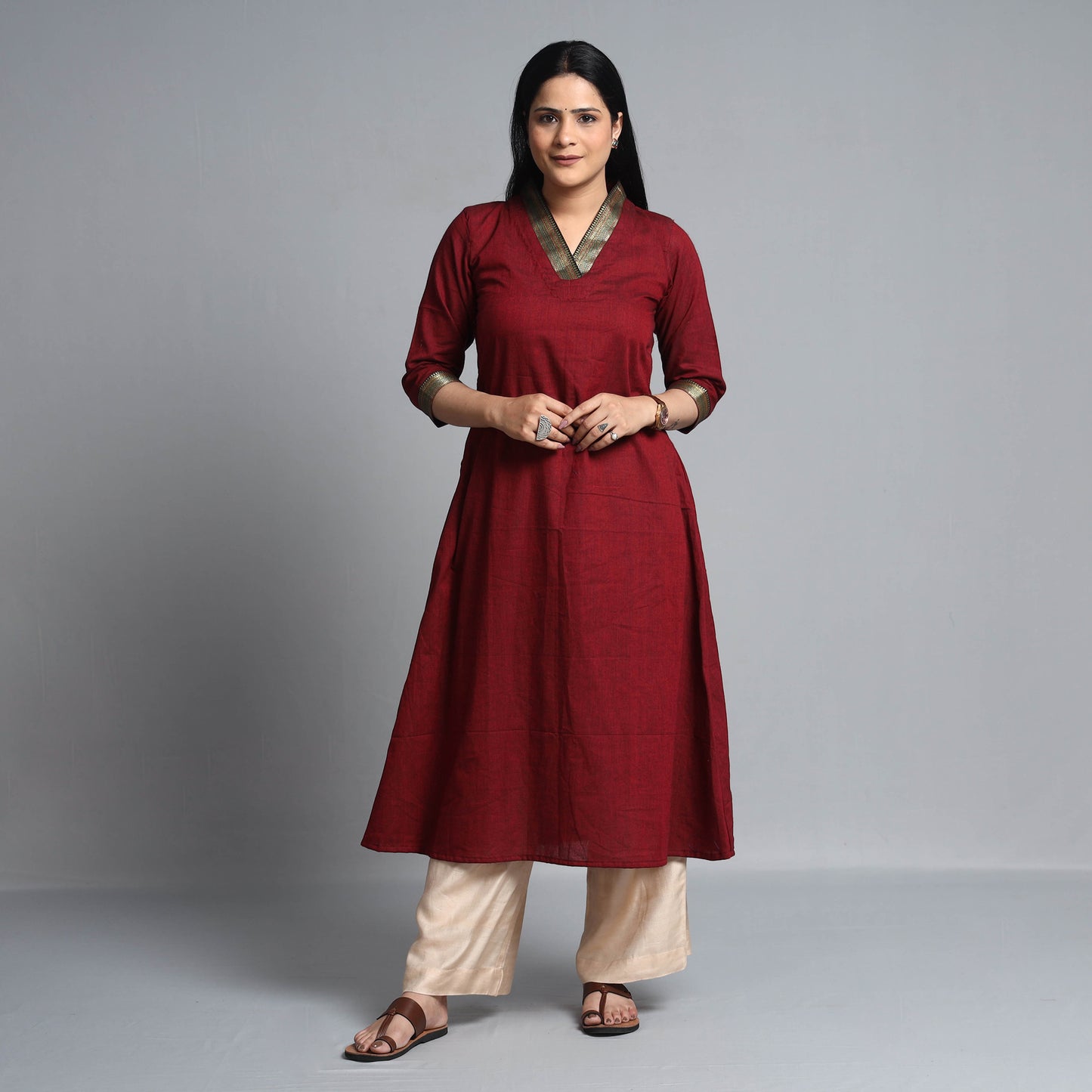 Maroon - Dharwad Cotton A-Line Kurta