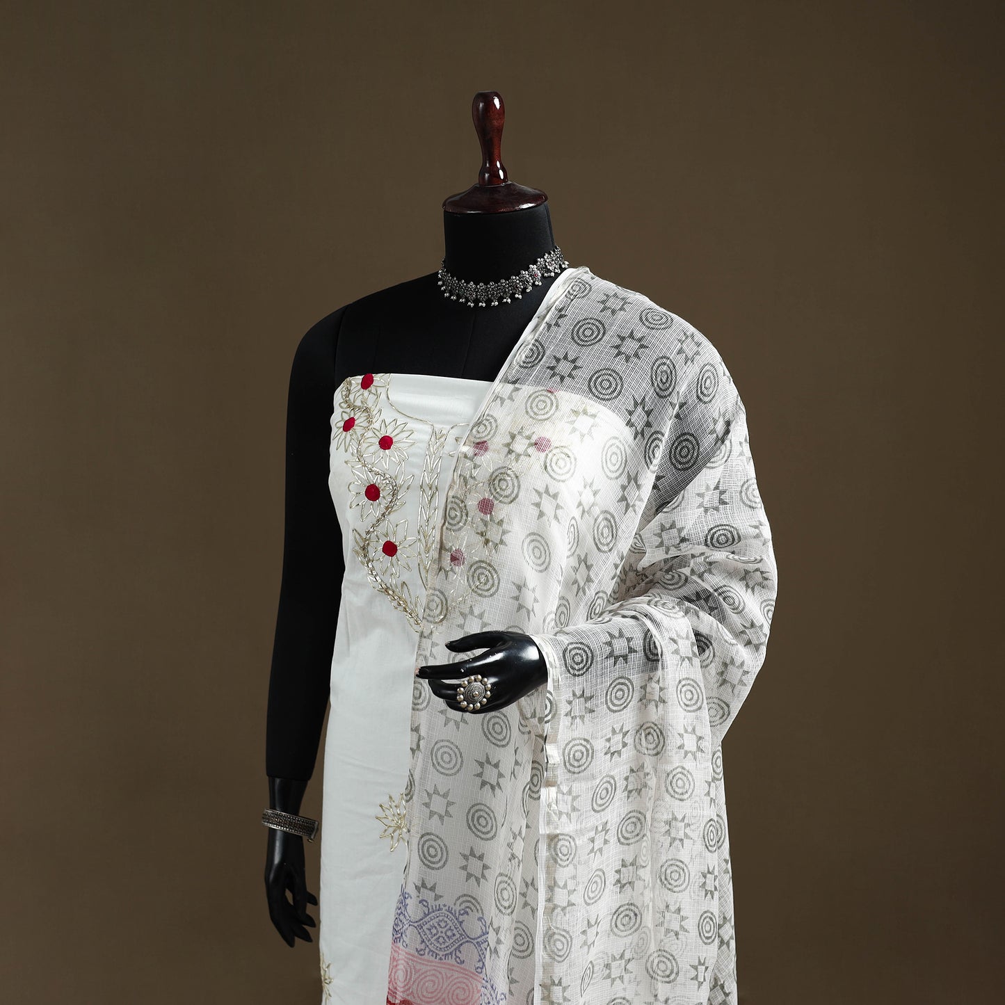 White - Sanganeri Hand Block Print Kota Doria Cotton Dupatta 02
