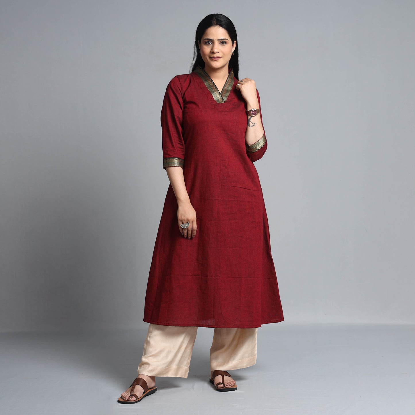 Maroon - Dharwad Cotton A-Line Kurta