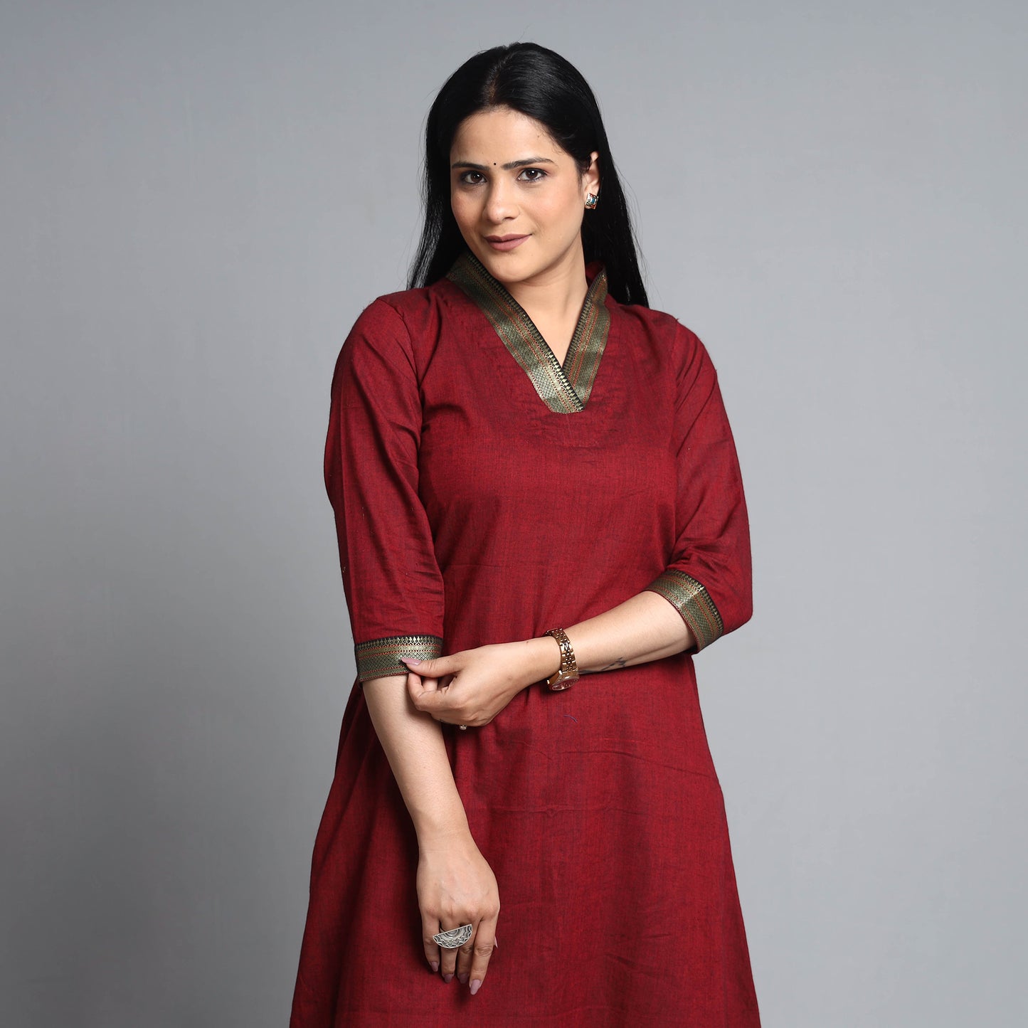 Maroon - Dharwad Cotton A-Line Kurta