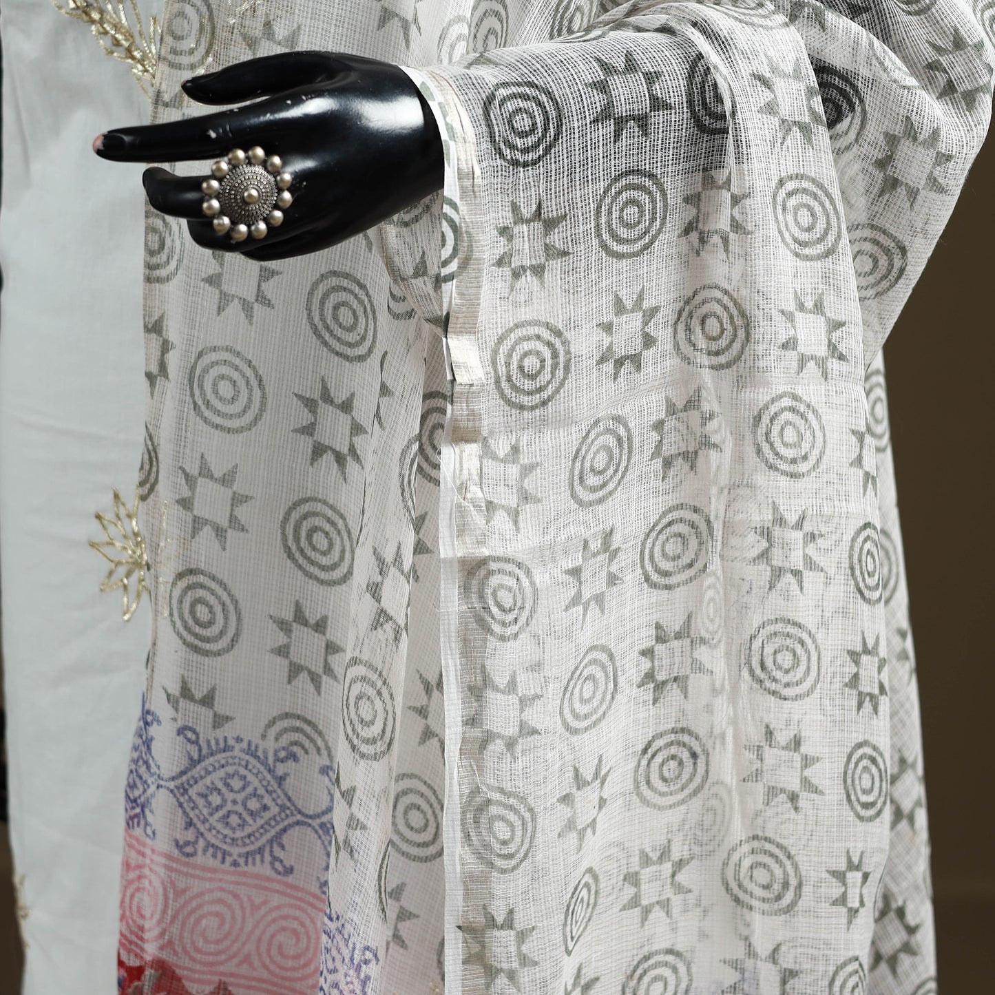 White - Sanganeri Hand Block Print Kota Doria Cotton Dupatta 02
