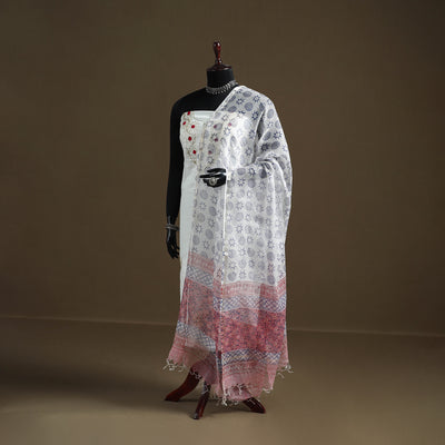 White - Sanganeri Hand Block Print Kota Doria Cotton Dupatta 04