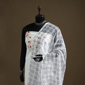 White - Sanganeri Hand Block Print Kota Doria Cotton Dupatta 04
