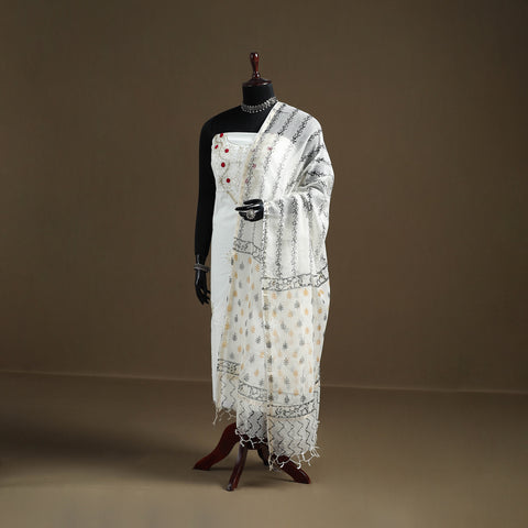 White - Sanganeri Hand Block Print Kota Doria Cotton Dupatta 05