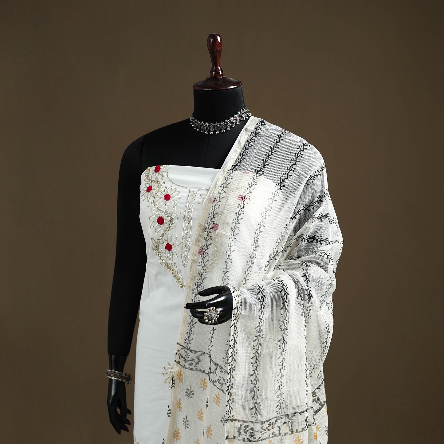White - Sanganeri Hand Block Print Kota Doria Cotton Dupatta 05