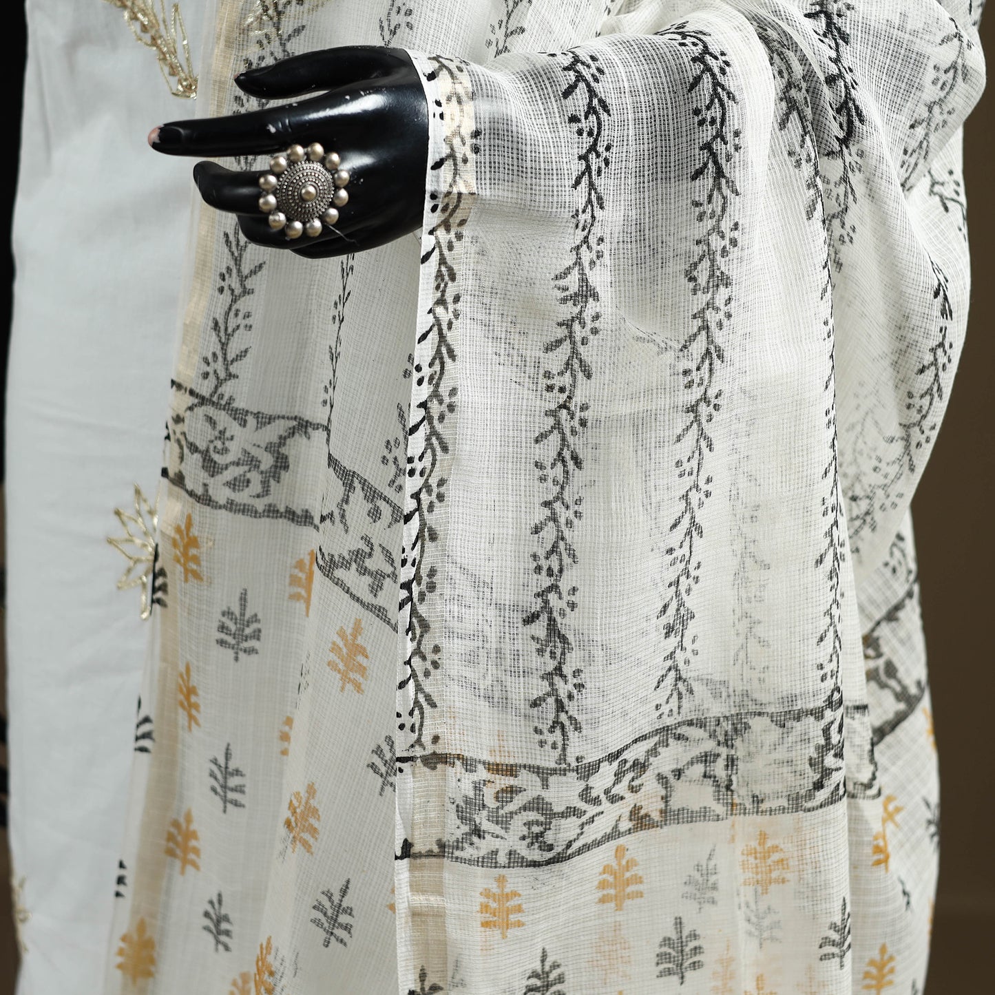 White - Sanganeri Hand Block Print Kota Doria Cotton Dupatta 05
