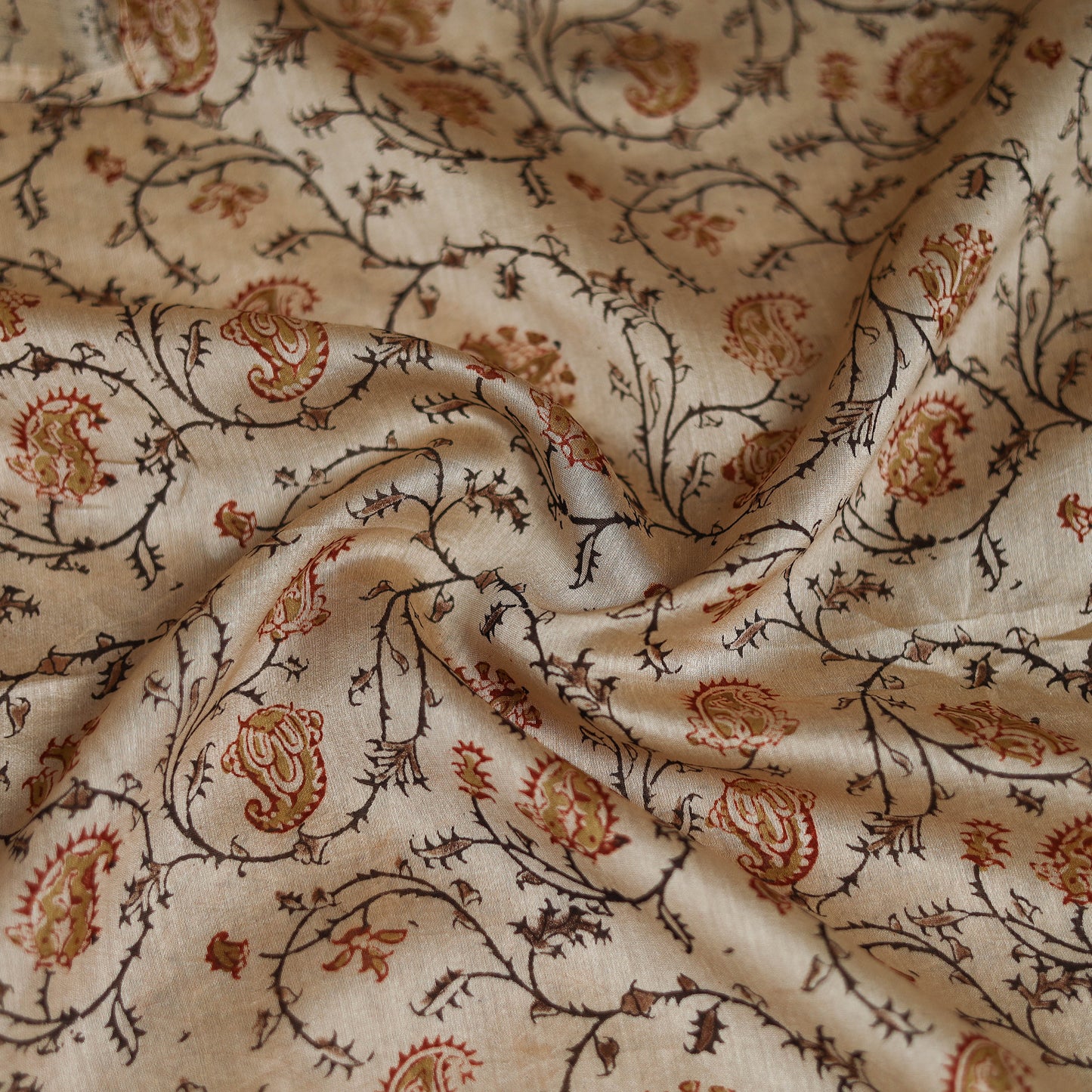 Beige - Kalamkari Hand Block Print Natural Dyed Chanderi Silk Scarf  86