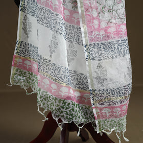 Pink - Sanganeri Hand Block Print Kota Doria Cotton Dupatta 07