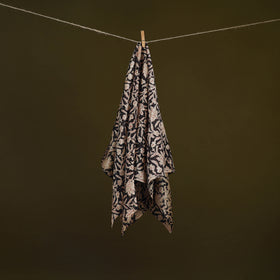 Black - Kalamkari Hand Block Print Natural Dyed Chanderi Silk Scarf  80