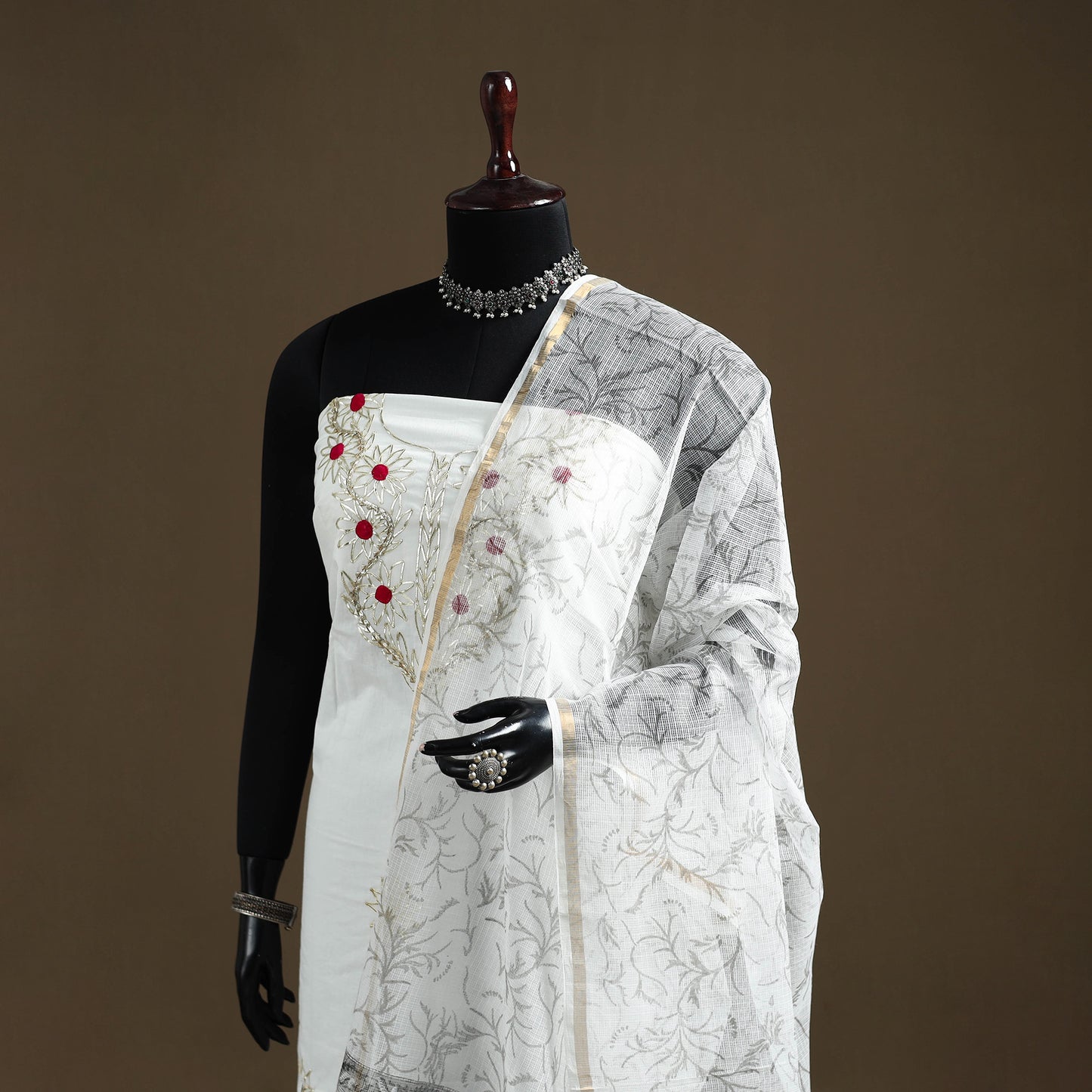 White - Sanganeri Hand Block Print Kota Doria Cotton Dupatta 11
