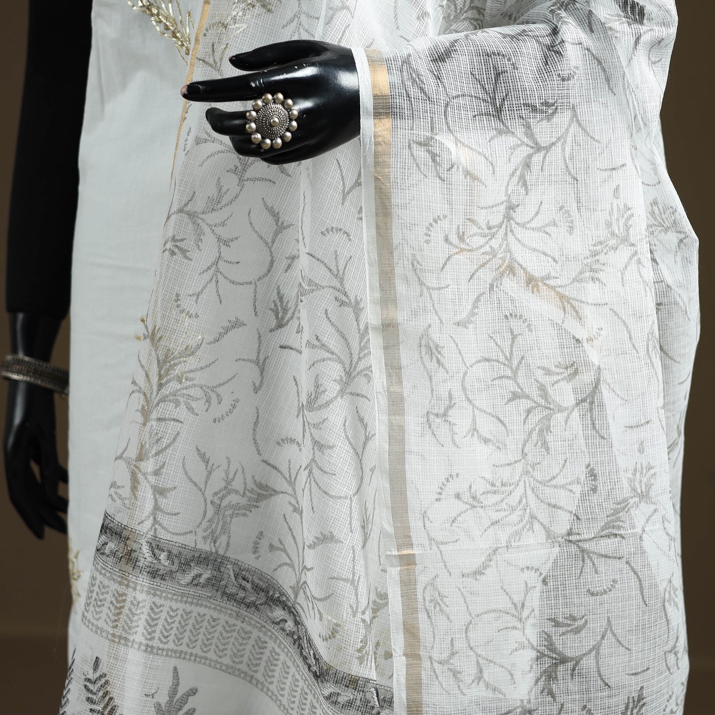 White - Sanganeri Hand Block Print Kota Doria Cotton Dupatta 11