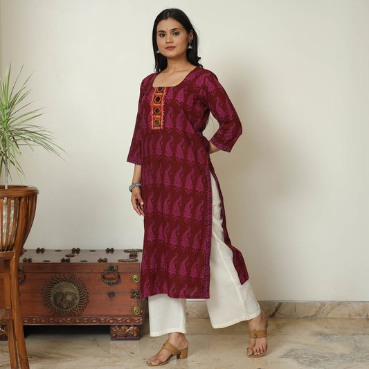 Maroon - Bagh Hand Block Printed Cotton Straight Kurta with Kutch Embroidery Patchwork 10