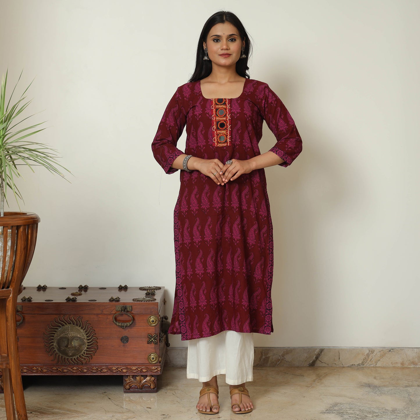 Maroon - Bagh Hand Block Printed Cotton Straight Kurta with Kutch Embroidery Patchwork 10