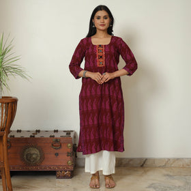 Maroon Block Print Cotton Patchwork Straight Bagh Kurta For Women