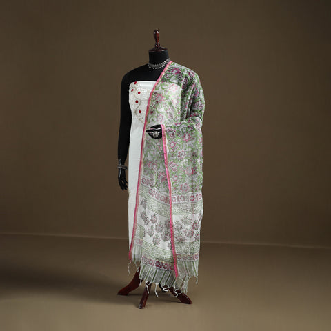 Green - Sanganeri Hand Block Print Kota Doria Cotton Dupatta 12