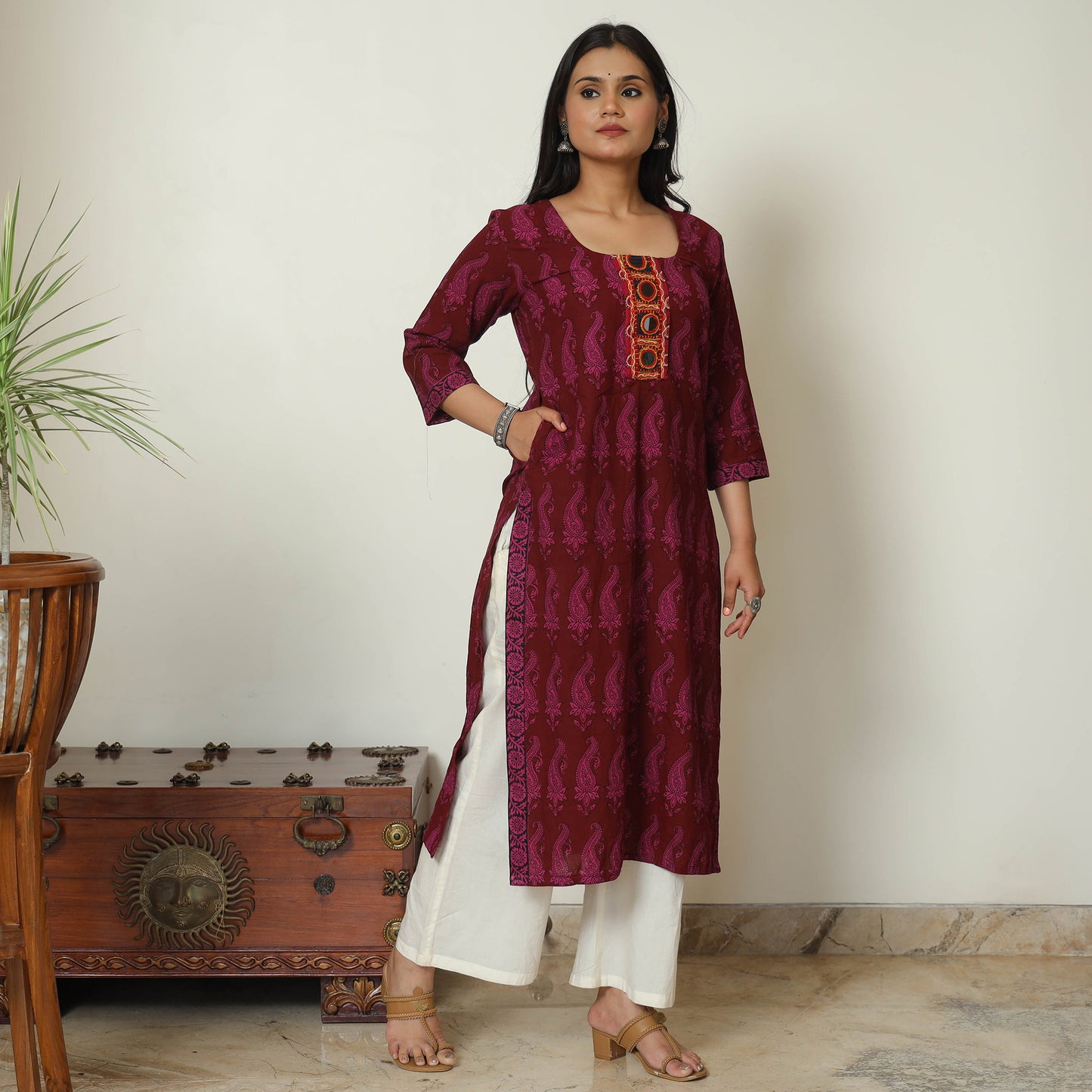 Maroon - Bagh Hand Block Printed Cotton Straight Kurta with Kutch Embroidery Patchwork 10