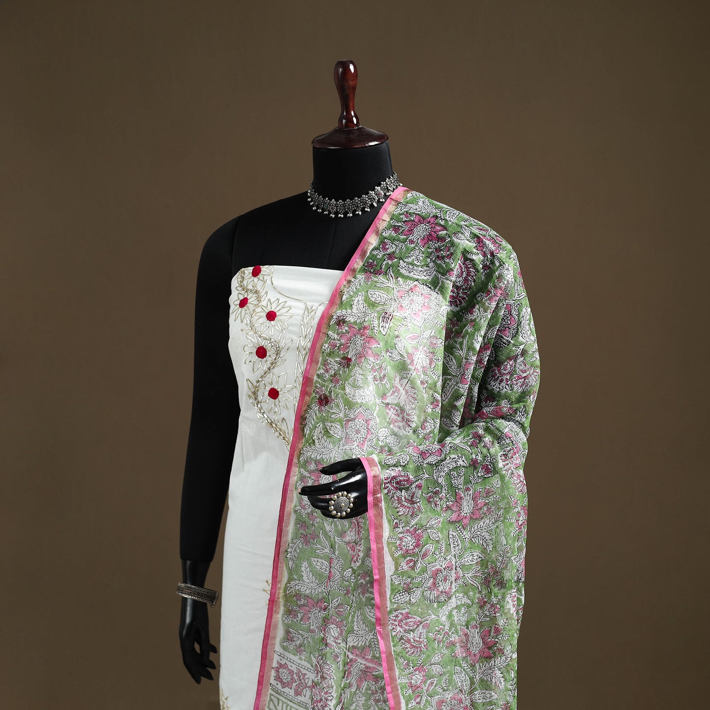 Green - Sanganeri Hand Block Print Kota Doria Cotton Dupatta 12