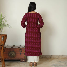 Maroon Block Print Cotton Patchwork Straight Bagh Kurta For Women