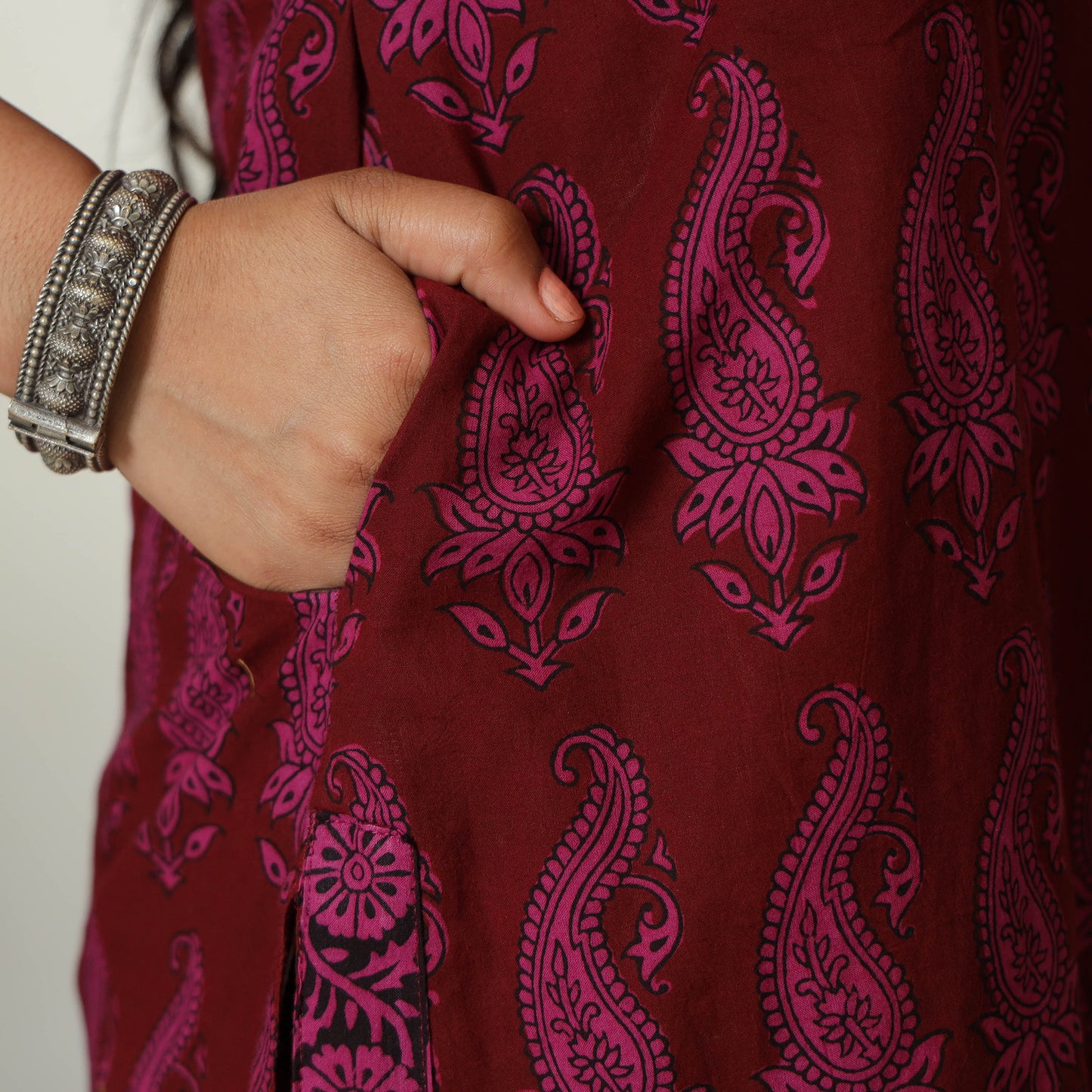 Maroon - Bagh Hand Block Printed Cotton Straight Kurta with Kutch Embroidery Patchwork 10