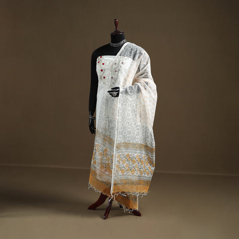 White - Sanganeri Hand Block Print Kota Doria Cotton Dupatta 13