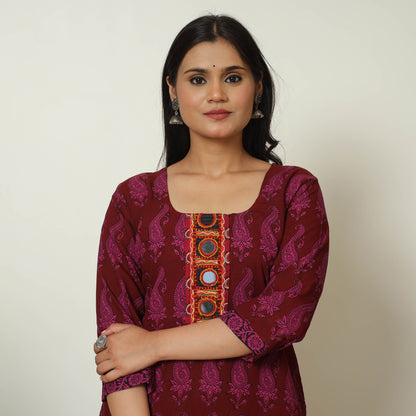 Maroon - Bagh Hand Block Printed Cotton Straight Kurta with Kutch Embroidery Patchwork 10