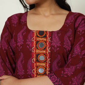 Maroon Block Print Cotton Patchwork Straight Bagh Kurta For Women
