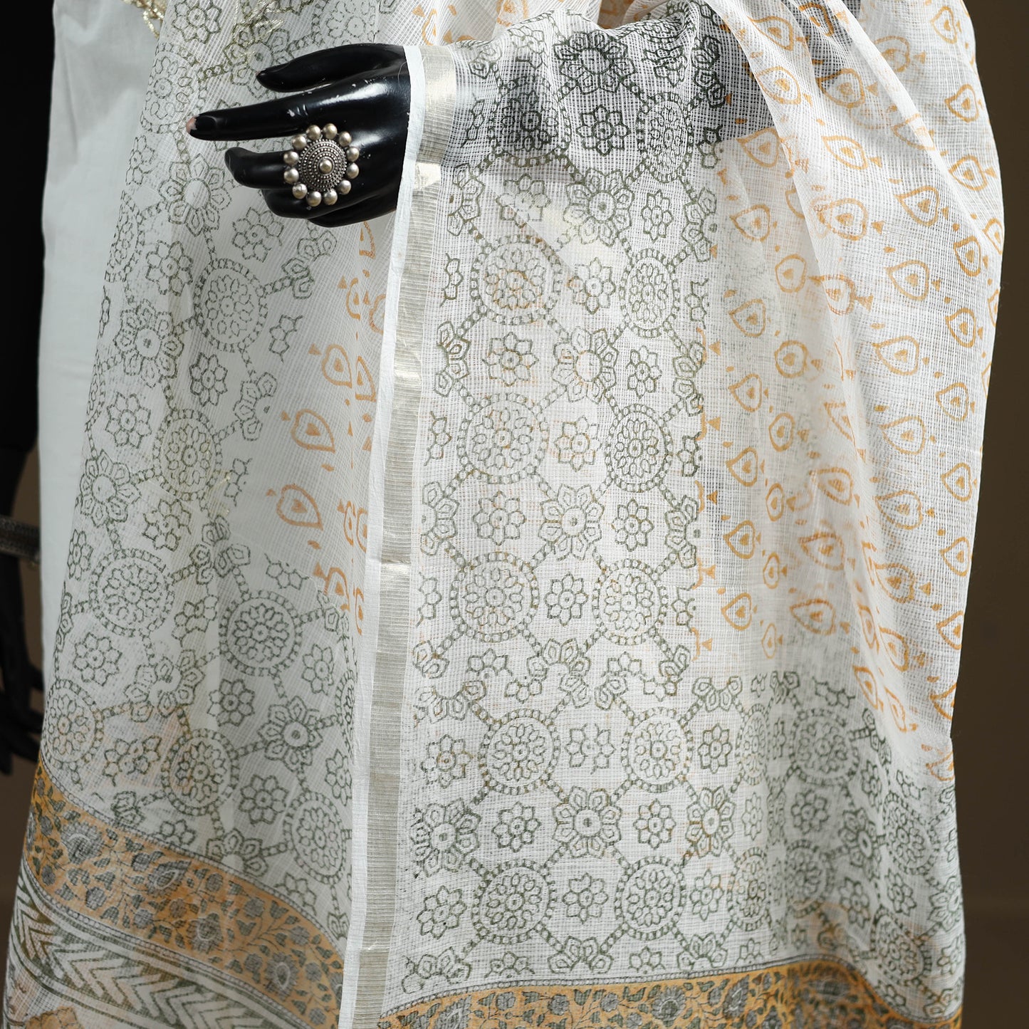 White - Sanganeri Hand Block Print Kota Doria Cotton Dupatta 13