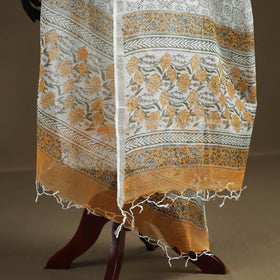 White - Sanganeri Hand Block Print Kota Doria Cotton Dupatta 13