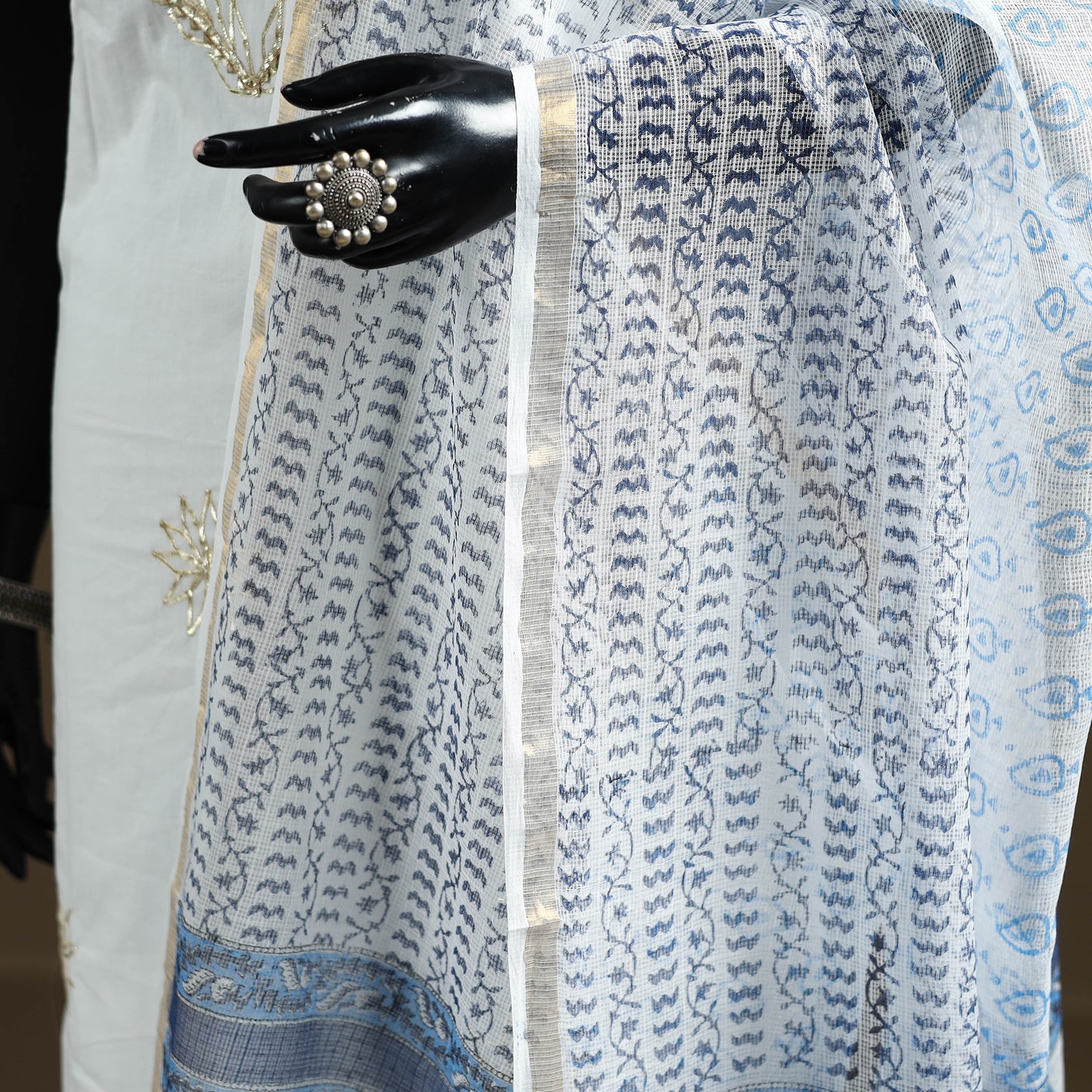 Blue - Sanganeri Hand Block Print Kota Doria Cotton Dupatta 14