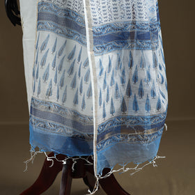 Blue - Sanganeri Hand Block Print Kota Doria Cotton Dupatta 14