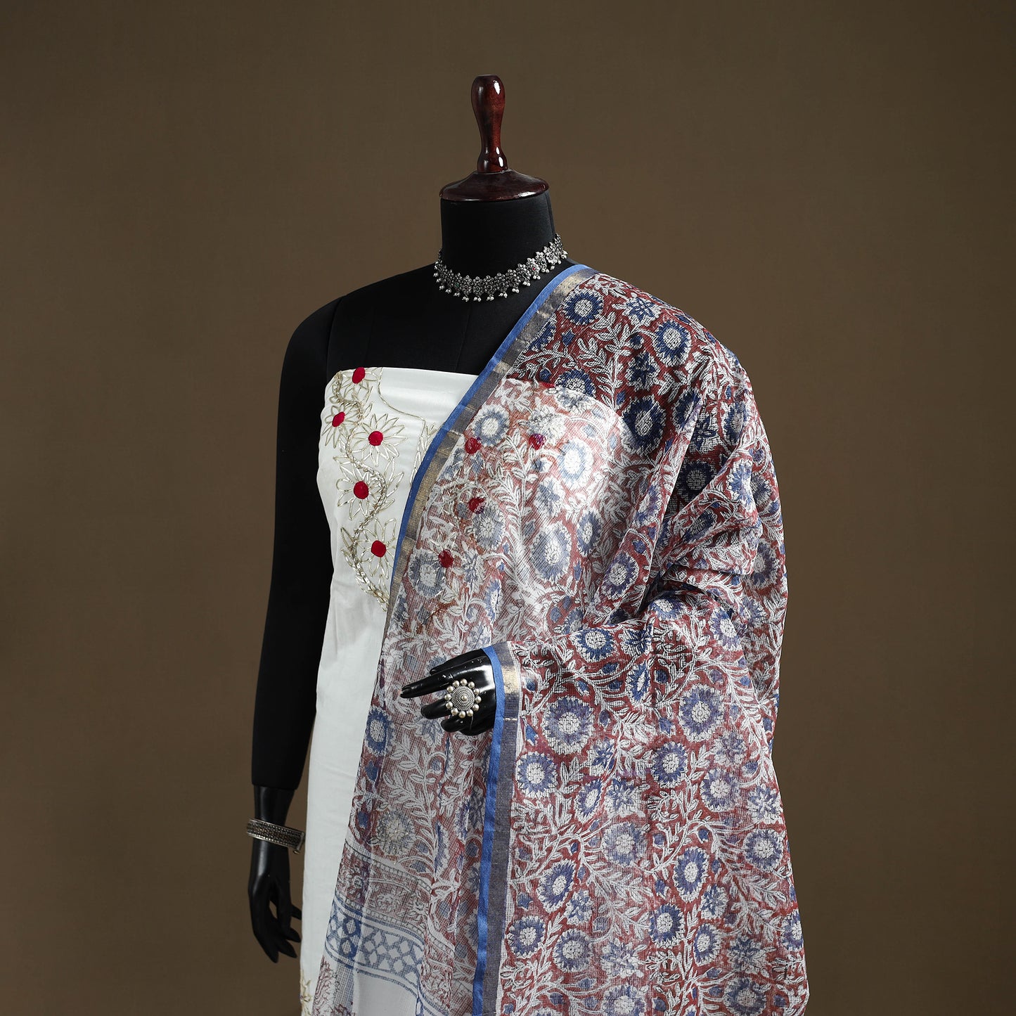 Red - Sanganeri Hand Block Print Kota Doria Cotton Dupatta 17