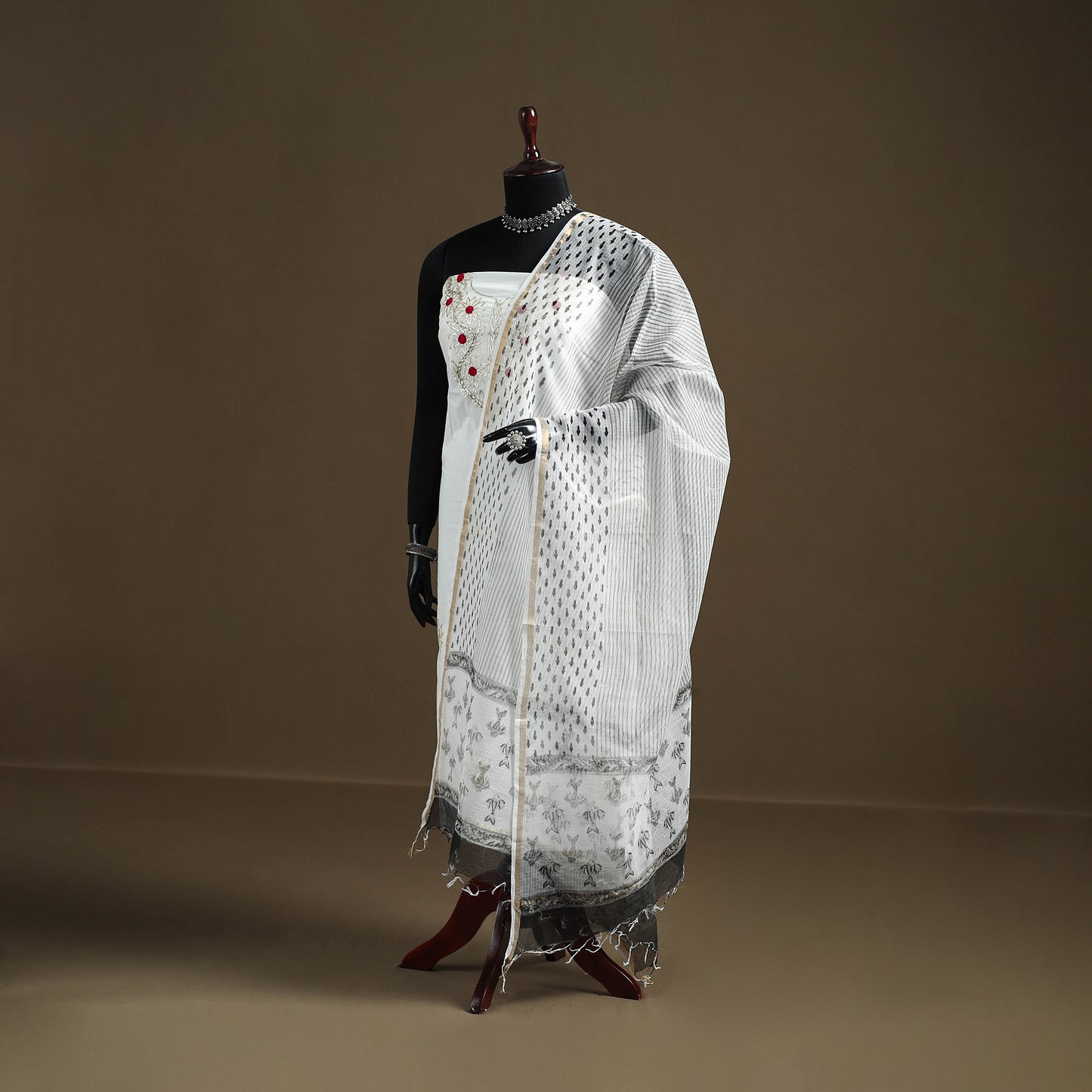 White - Sanganeri Hand Block Print Kota Doria Cotton Dupatta 18