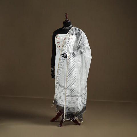 White - Sanganeri Hand Block Print Kota Doria Cotton Dupatta 18