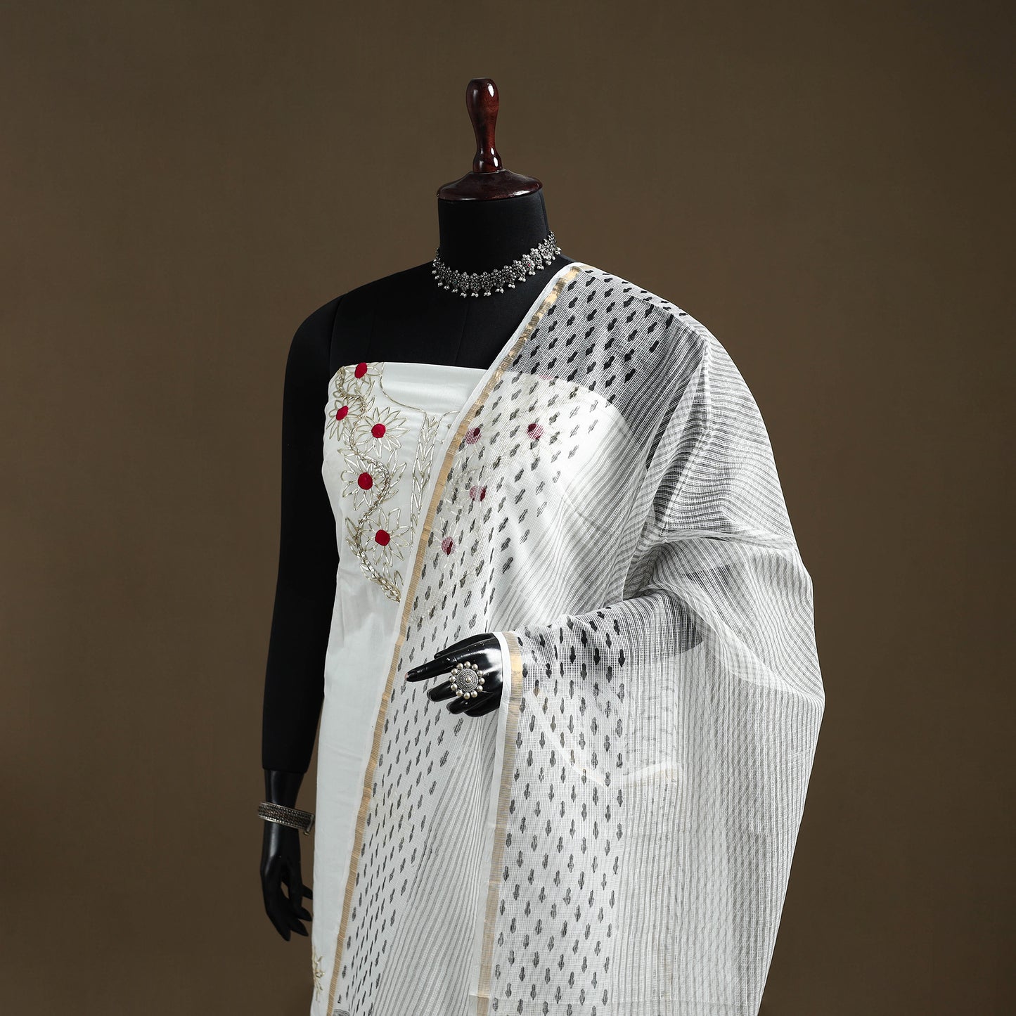 White - Sanganeri Hand Block Print Kota Doria Cotton Dupatta 18