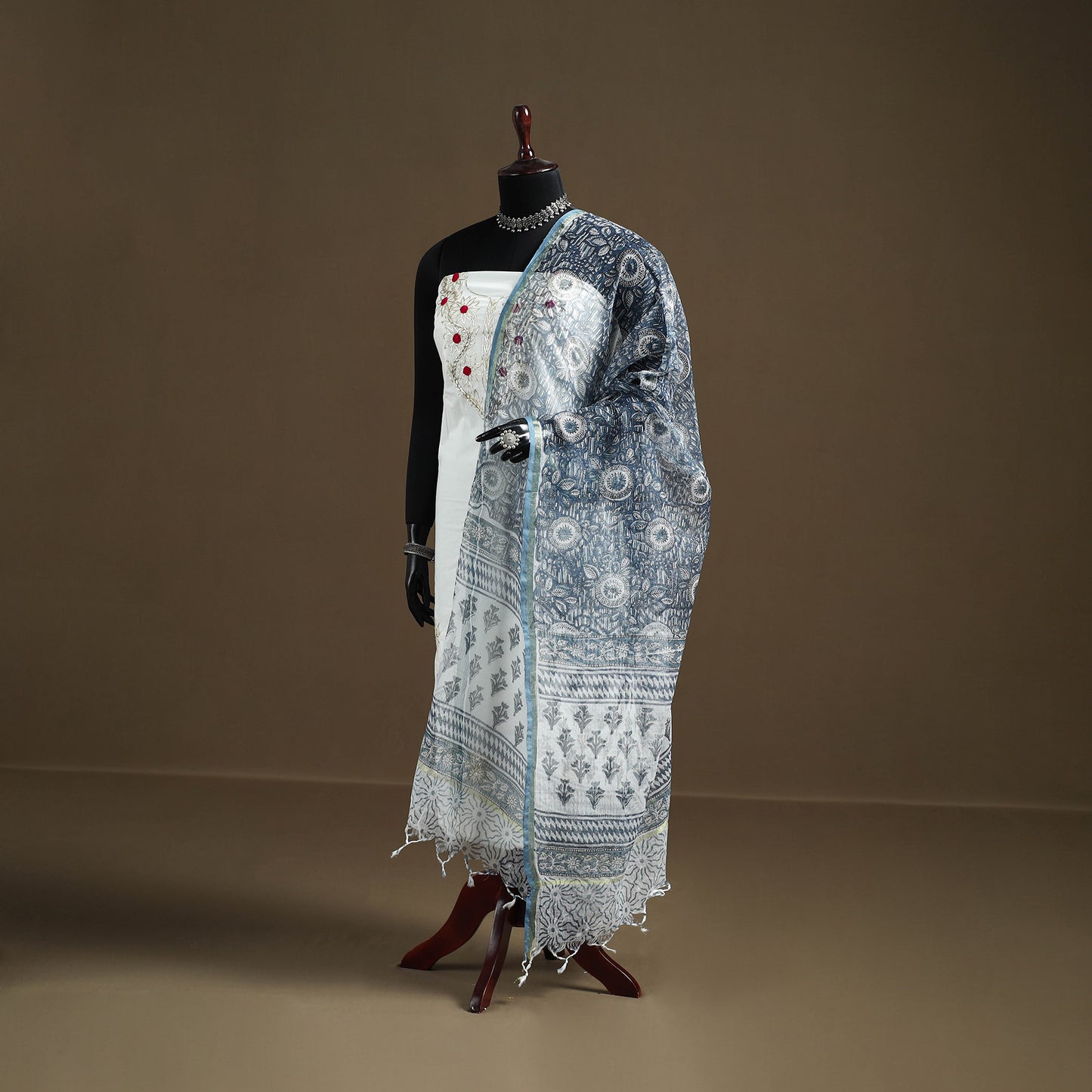 Blue - Sanganeri Hand Block Print Kota Doria Cotton Dupatta 19