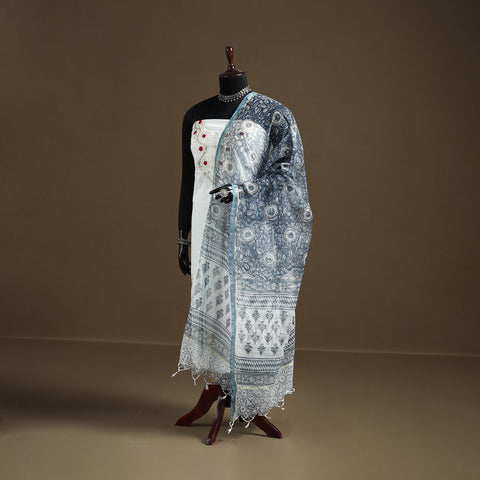 Blue - Sanganeri Hand Block Print Kota Doria Cotton Dupatta 19