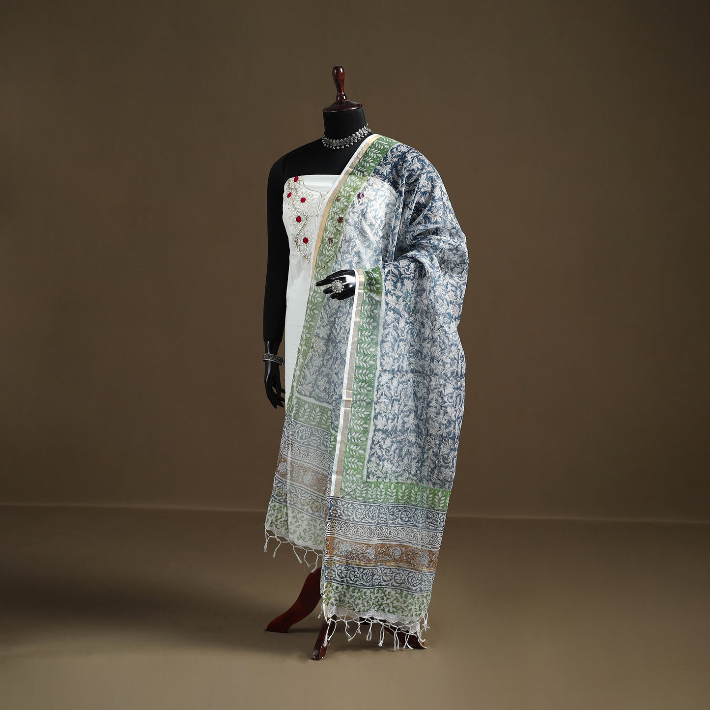 Blue - Sanganeri Hand Block Print Kota Doria Cotton Dupatta 20
