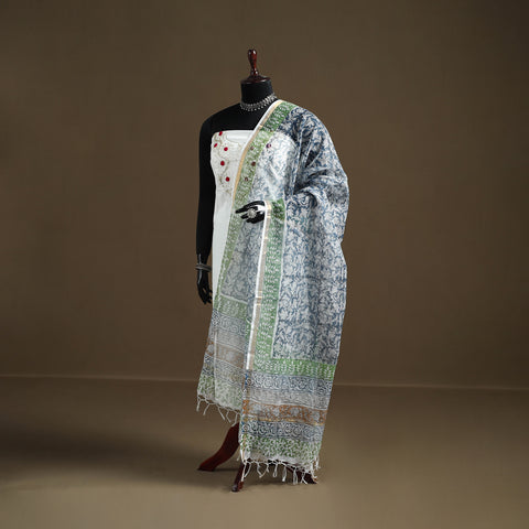 Blue - Sanganeri Hand Block Print Kota Doria Cotton Dupatta 20
