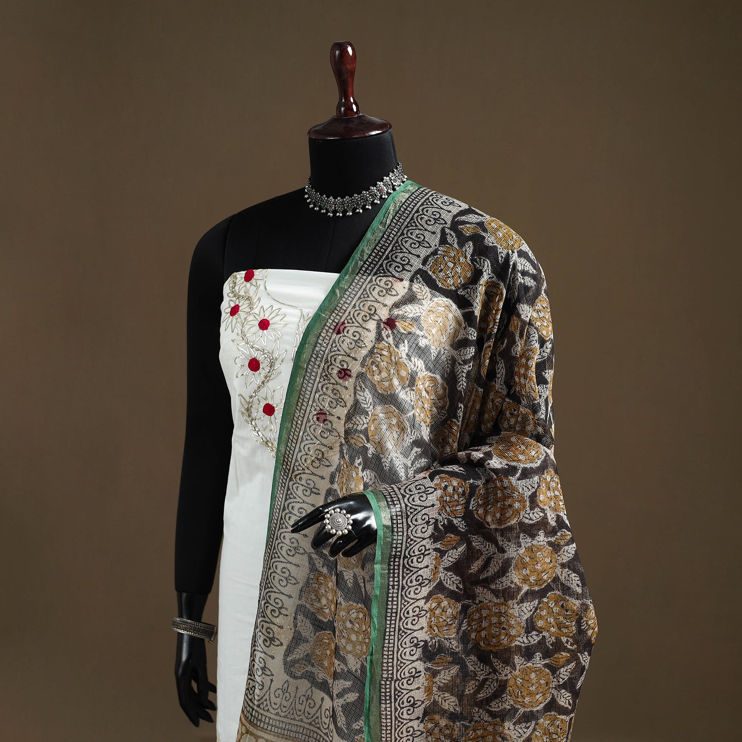 Black - Bagru Hand Block Print Natural Dyed Kota Doria Cotton Dupatta 23