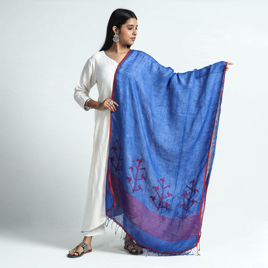 Blue - Bengal Jamdani Handloom Silk Dupatta with Tassels