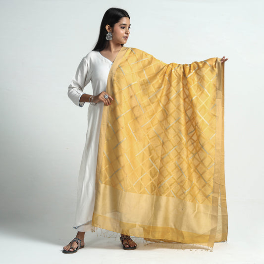 Yellow - Bengal Jamdani Handloom Silk Dupatta with Tassels
