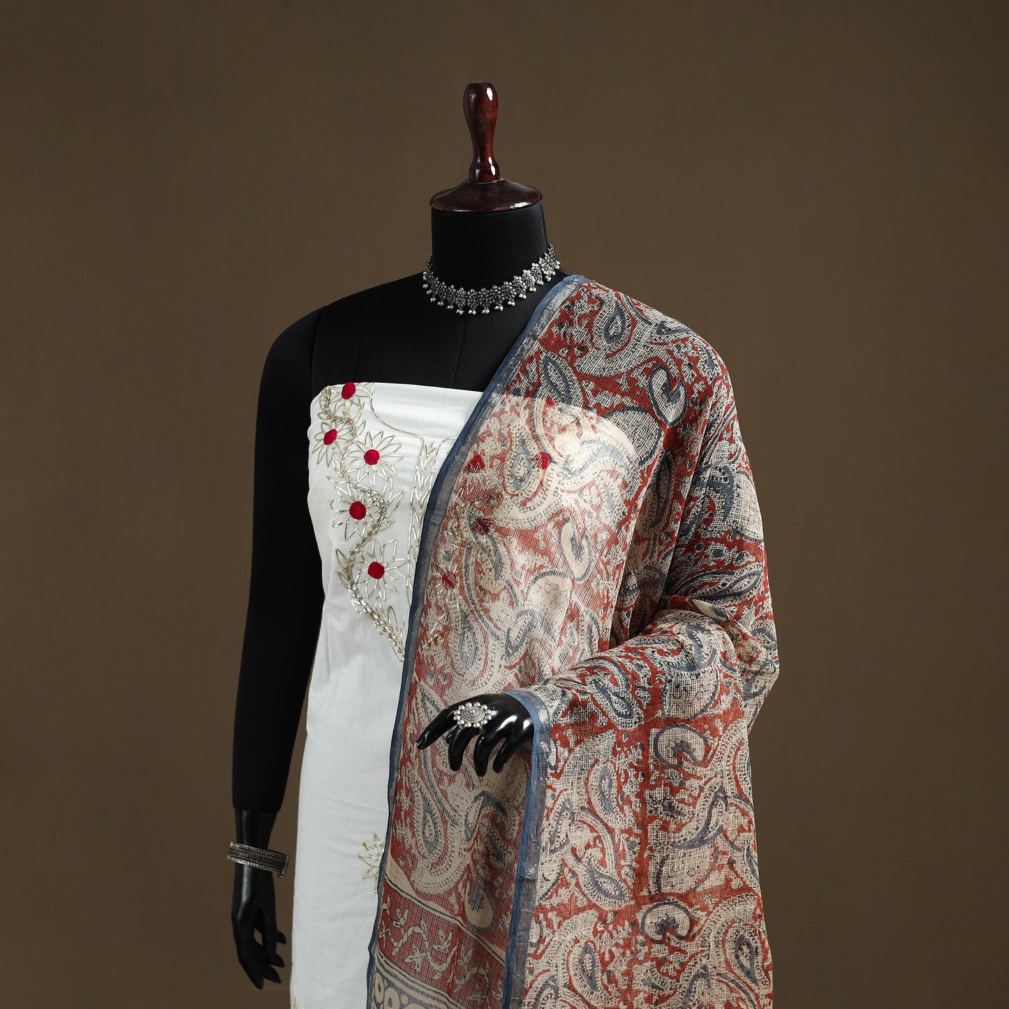 Red - Bagru Hand Block Print Natural Dyed Kota Doria Cotton Dupatta 26