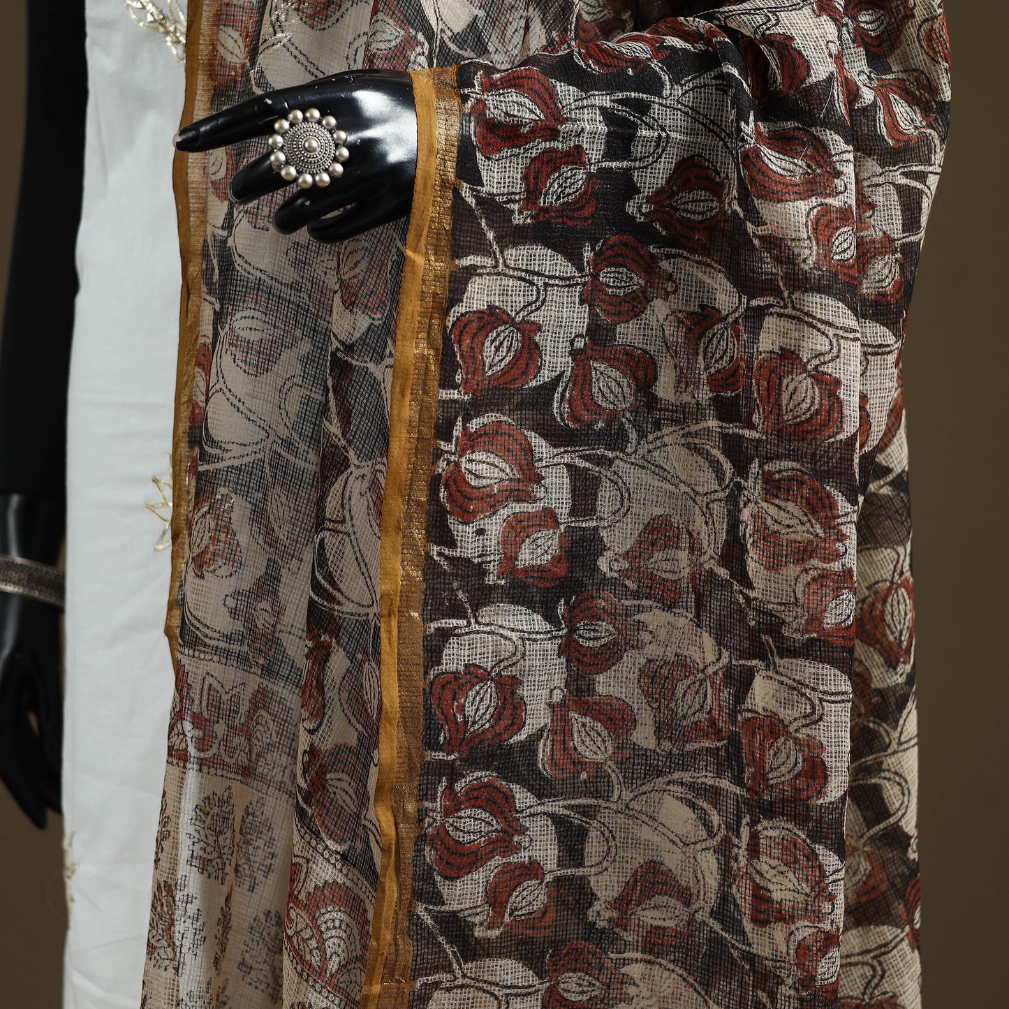 Black - Bagru Hand Block Print Natural Dyed Kota Doria Cotton Dupatta 27