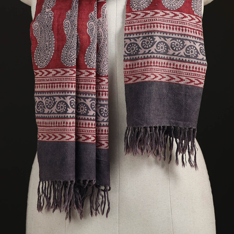 Handwoven Merino Wool Natural Dyed Bagh Hand Block Print Stole 01