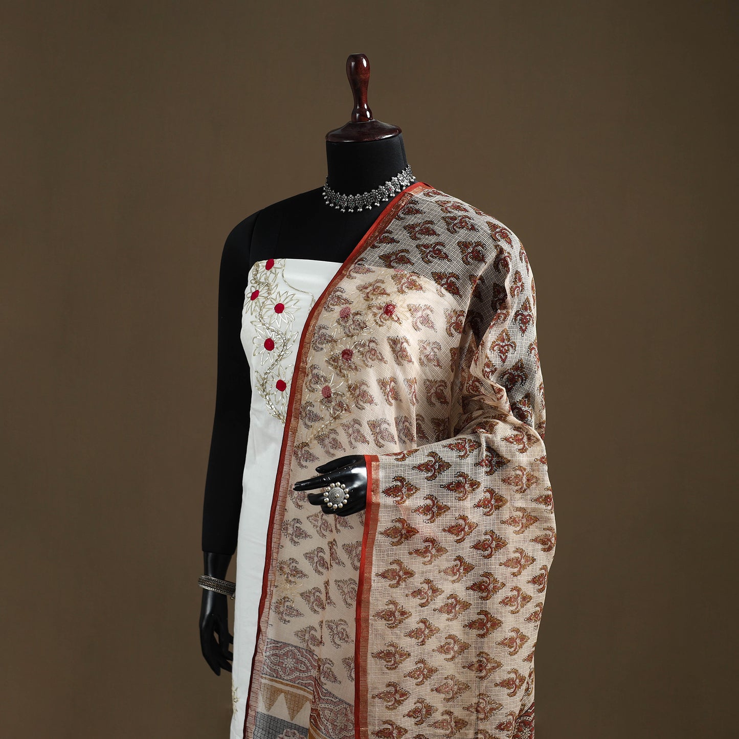 Beige - Bagru Hand Block Print Natural Dyed Kota Doria Cotton Dupatta 29