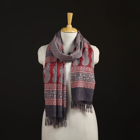 Red - Handwoven Merino Wool Natural Dyed Bagh Hand Block Print Stole 01