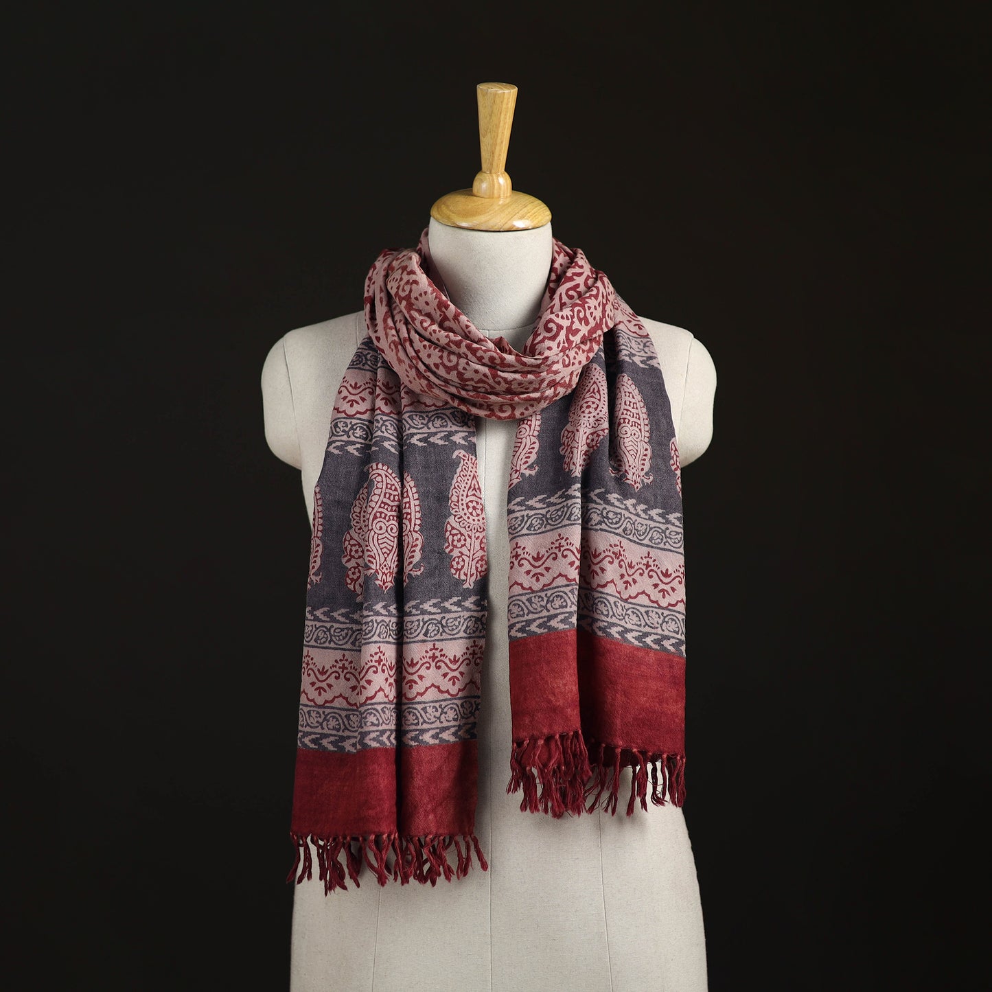 Handwoven Merino Wool Natural Dyed Bagh Hand Block Print Stole 02