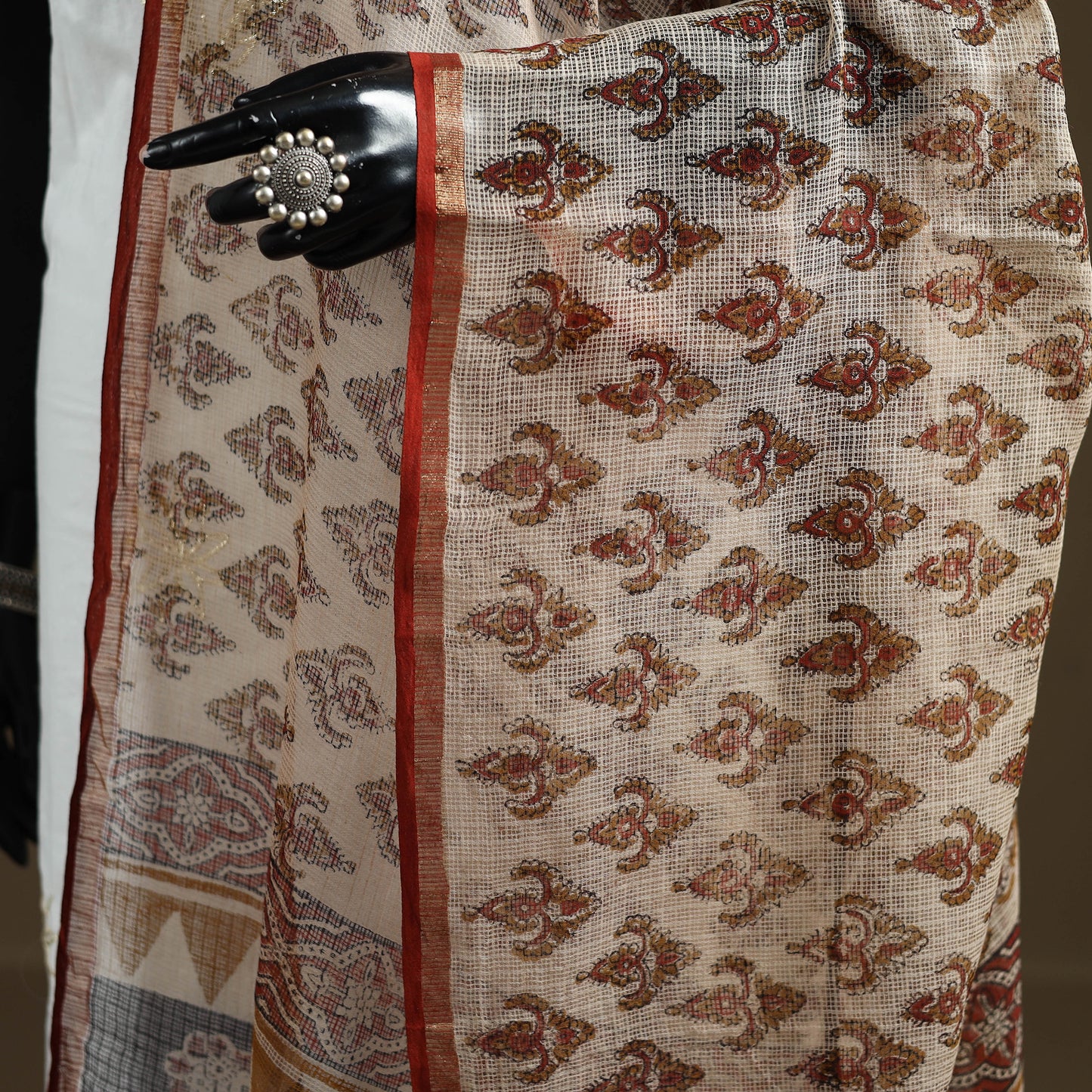 Beige - Bagru Hand Block Print Natural Dyed Kota Doria Cotton Dupatta 29
