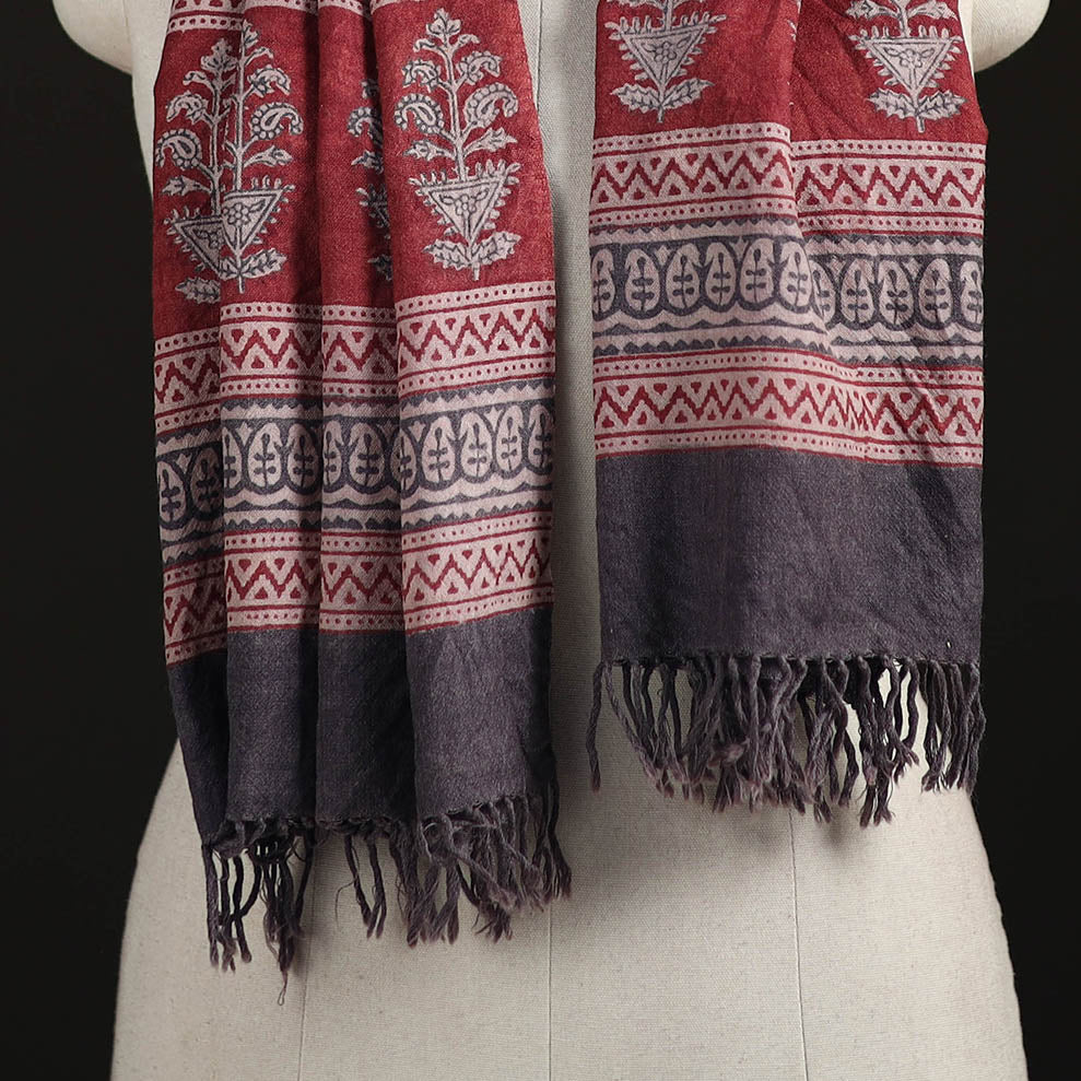 Handwoven Merino Wool Natural Dyed Bagh Hand Block Print Stole 03