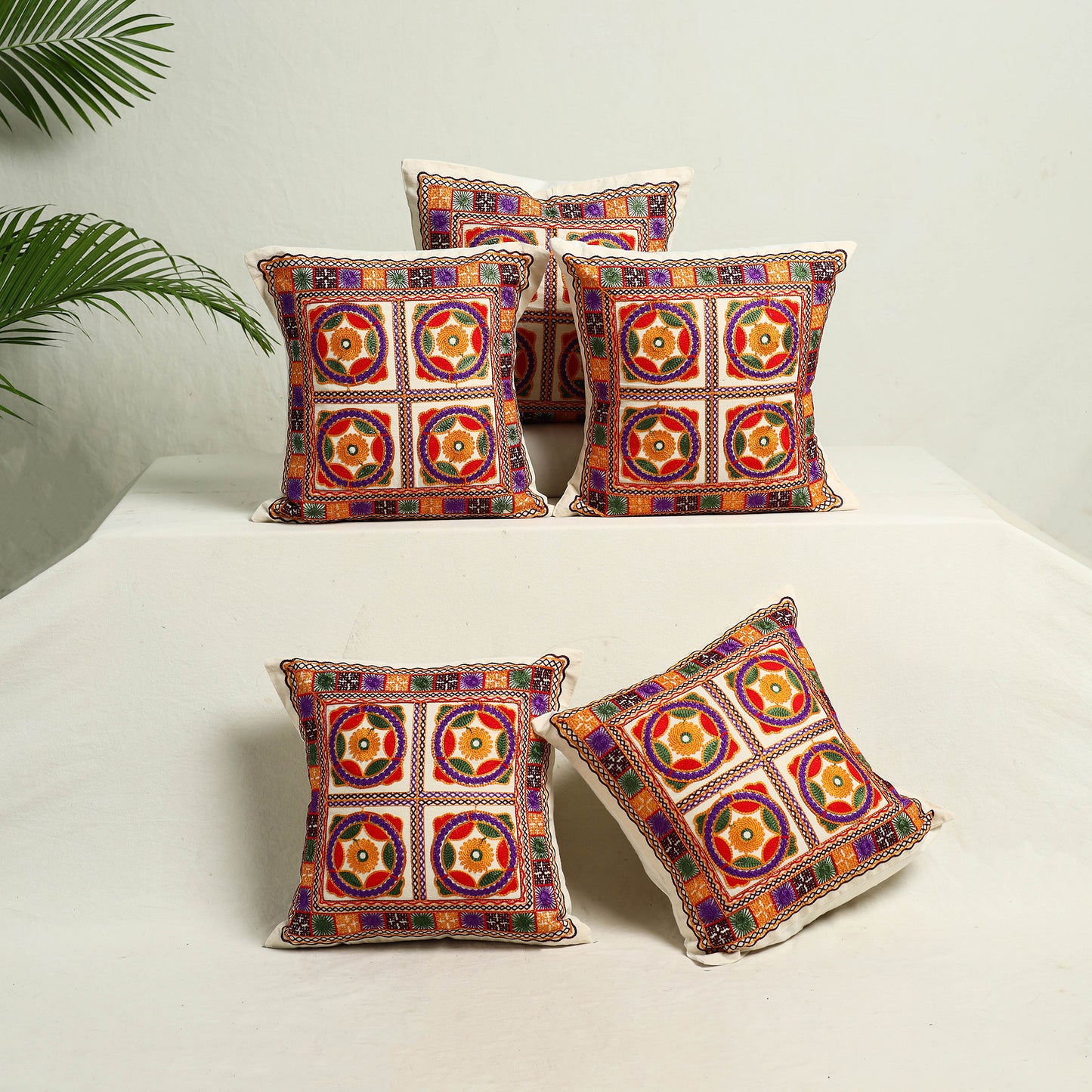 Multicolor - Kutch Aari Hand Embroidery Cushion Cover (Set of 5) 03